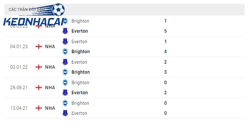 Lịch sử đối đầu Everton vs AFC Brighton & Hove Albion